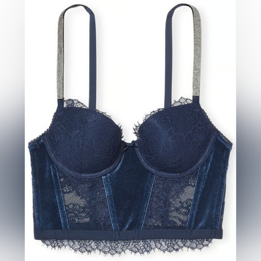 38DD Victoria's Secret Shine Strap Velvet Lace Corset Top Navy